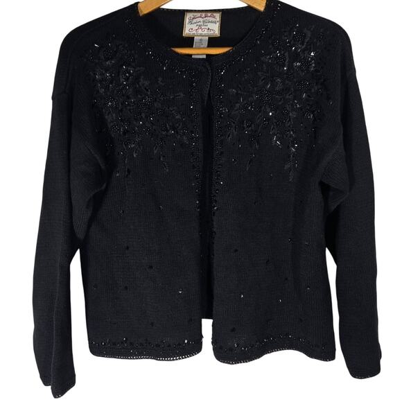 VTG Hierloom Collectibles Petites Black Beaded Knit Cardigan Large Crochet Y2K - Picture 1 of 9